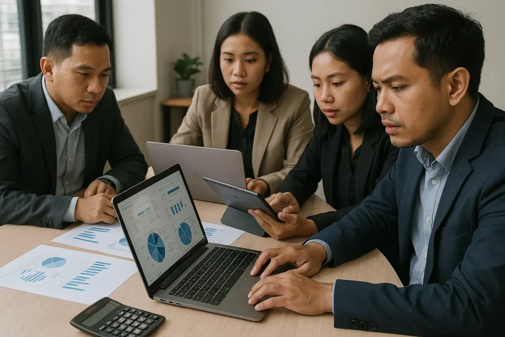 Tax indonesian consultants actively collaborating around a conference table with digital tools, analyzing client data with focused expressions