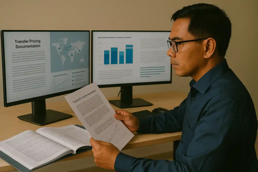 An Indonesian expert analyzing global transaction flows between affiliated companies with detailed pricing documentation, charts showing market comparables, and international tax regulations visible on multiple screens