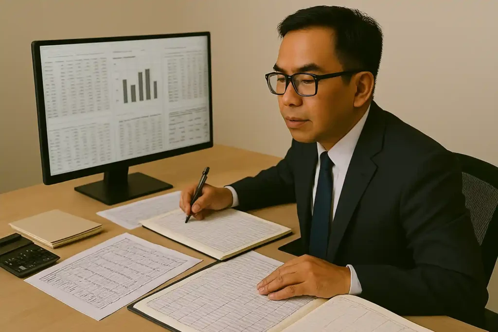 An indonesian professional accountant working with financial ledgers and digital accounting software, organizing spreadsheets and reports, with financial statements, charts of accounts, and balanced ledgers displayed in a structured workspace