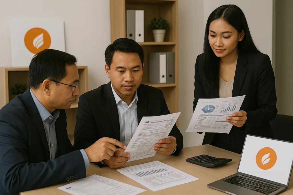 A corporate office Indonesian setting with professionals reviewing financial statements and tax forms, featuring company logos and official documents, symbolizing comprehensive business tax compliance management