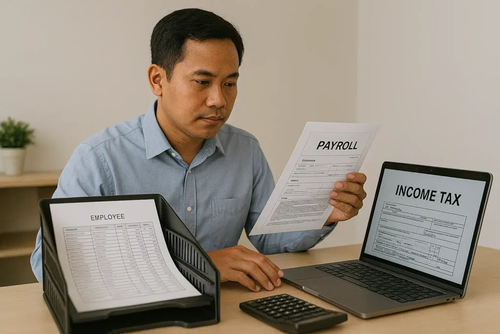 A payroll Indonesian specialist working with digital payroll software and employee data, displaying tax calculations and electronic filing systems for efficient and accurate income tax management