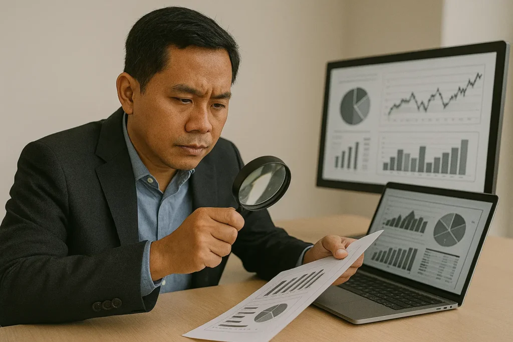 An Indonesian expert consultant examining financial reports through a magnifying glass with digital analytics displayed on screens, highlighting potential tax issues and optimization opportunities during a thorough review