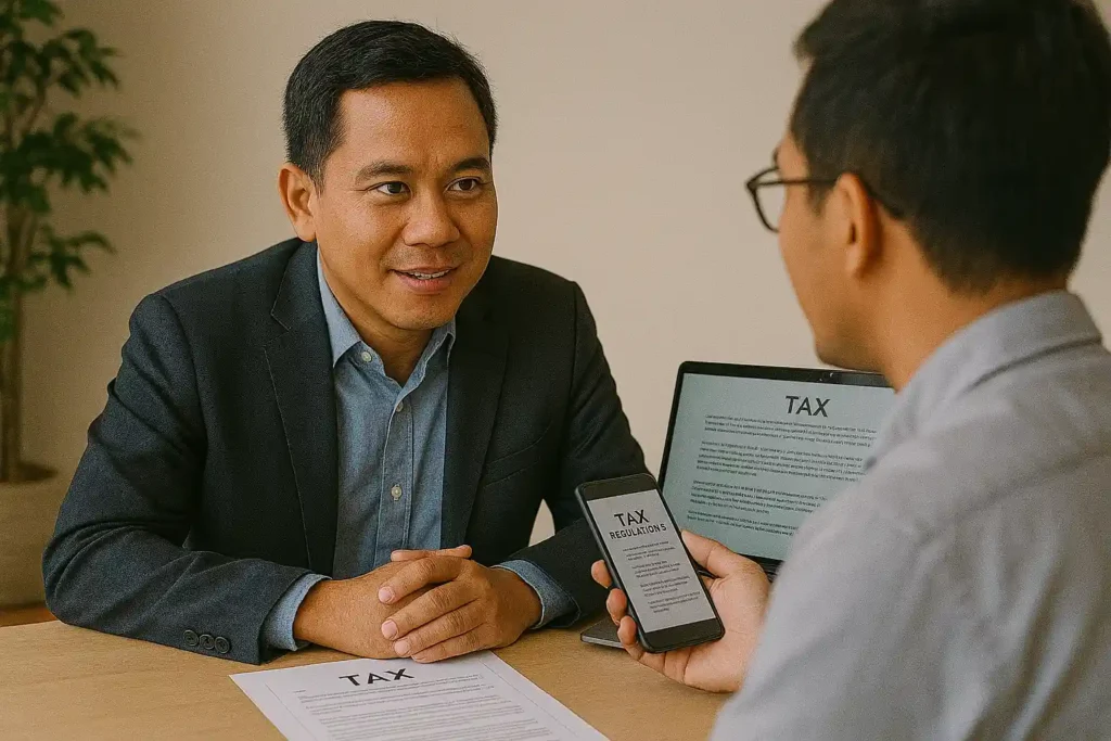 An Indonesian professional tax advisor consulting with a client, showing both in-person meeting and digital communication options with devices displaying tax regulations and solution-focused discussions