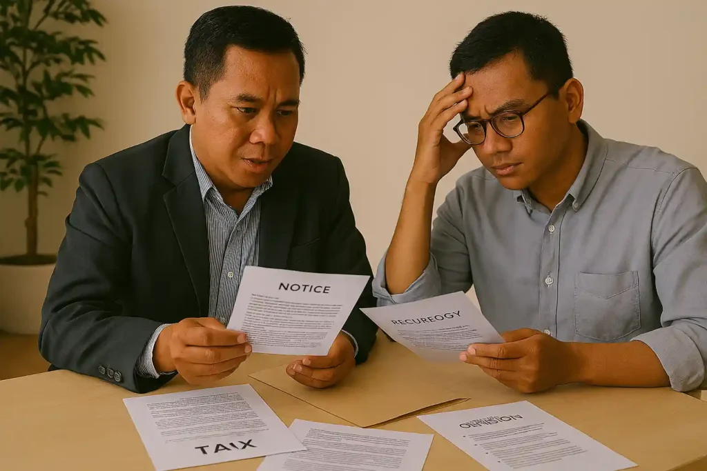 An Indonesian tax professional examining official tax notices and correspondence, providing guidance to a concerned client, with regulatory documents and case resolution strategies visible on the desk.