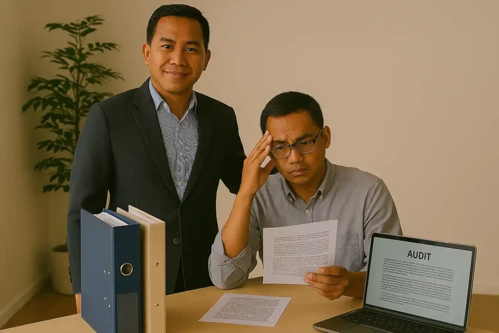 A confident Indonesian tax professional standing beside a client during a tax audit meeting, with organized documentation folders, detailed records, and supportive guidance during the examination process