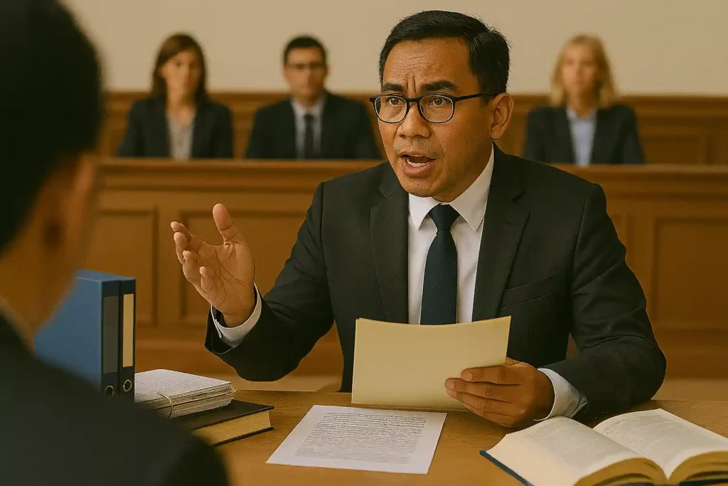An indonesian tax attorney presenting arguments in a formal hearing setting, with legal briefs, tax documentation, and regulatory references, demonstrating professional advocacy during tax dispute resolution
